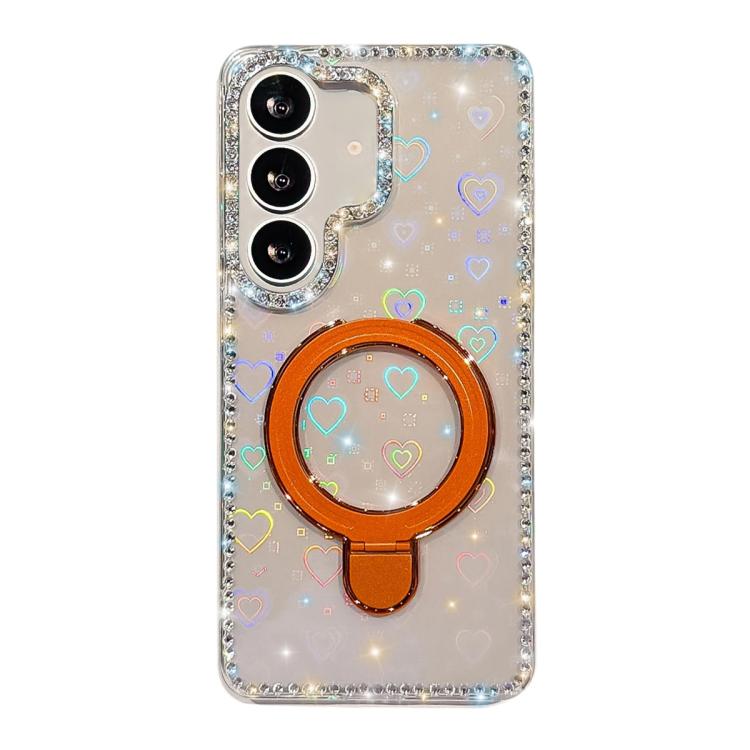 For Samsung Galaxy S24 5G Double-Sided IMD Rhinestone Magnetic Holder Shockproof Phone Case(Transparent Love)