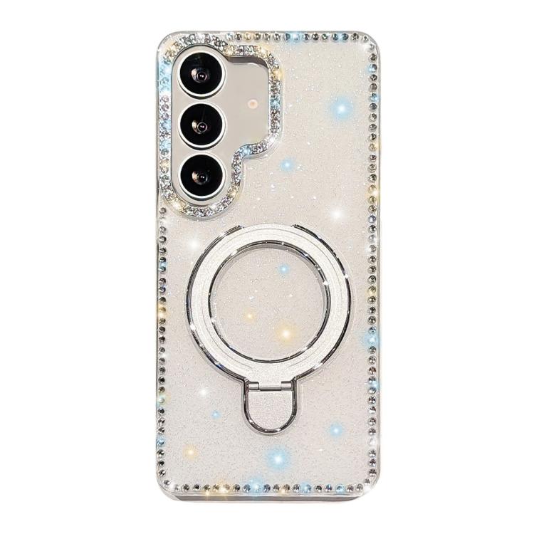 For Samsung Galaxy S24 FE 5G Double-Sided IMD Rhinestone Magnetic Holder Shockproof Phone Case(Glitter White)
