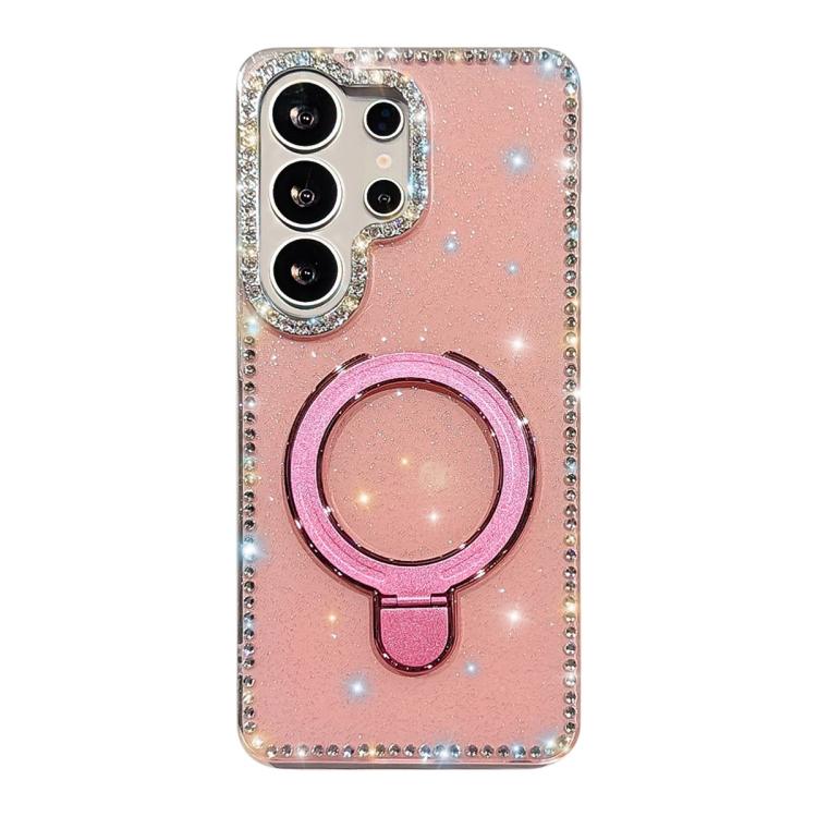 For Samsung Galaxy S25 Ultra 5G Double-Sided IMD Rhinestone Magnetic Holder Shockproof Phone Case(Glitter Pink)