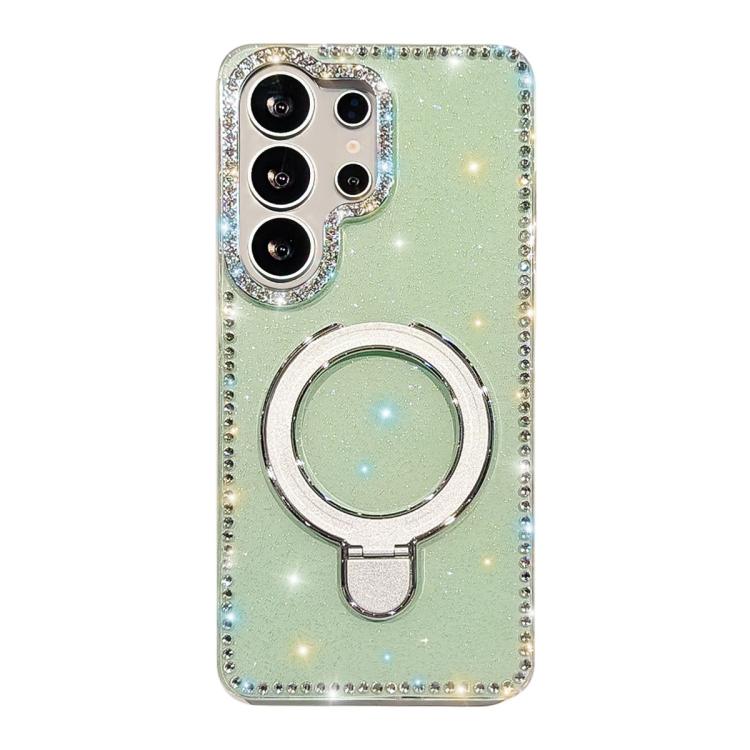 For Samsung Galaxy S25 Ultra 5G Double-Sided IMD Rhinestone Magnetic Holder Shockproof Phone Case(Glitter Green)