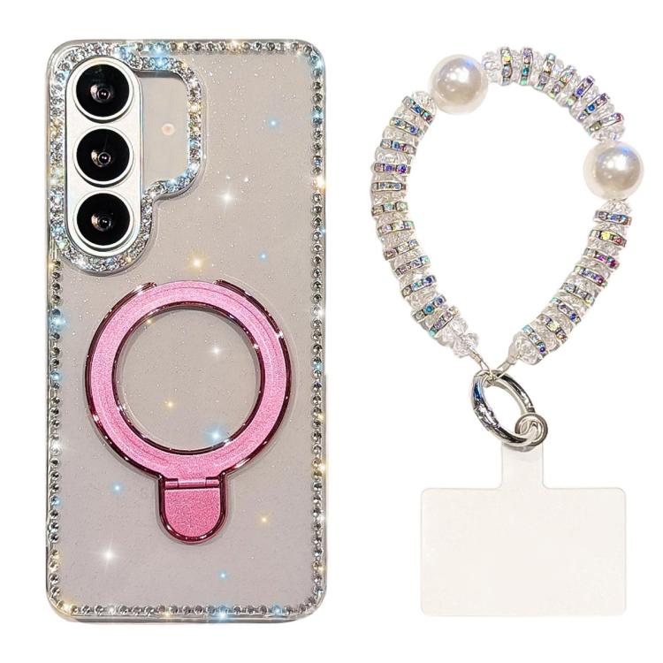For Samsung Galaxy S26+ 5G Double-Sided IMD Rhinestone Magnetic Holder Shockproof Phone Case With Bracelet(Transparent Glitter)