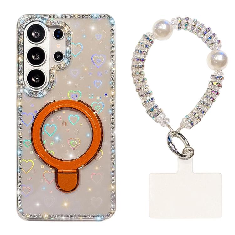 For Samsung Galaxy S26 Ultra 5G Double-Sided IMD Rhinestone Magnetic Holder Shockproof Phone Case With Bracelet(Transparent Love)