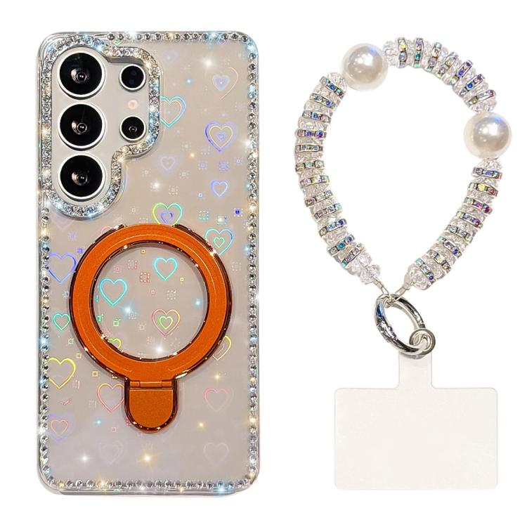 For Samsung Galaxy S25 Ultra 5G Double-Sided IMD Rhinestone Magnetic Holder Shockproof Phone Case With Bracelet(Transparent Love)