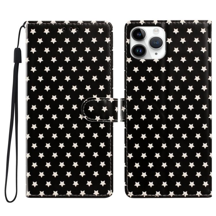 For iPhone 11 Pro Star Pattern Magnetic Buckle Vegan Leather Phone Case with Wrist Strap(Black)