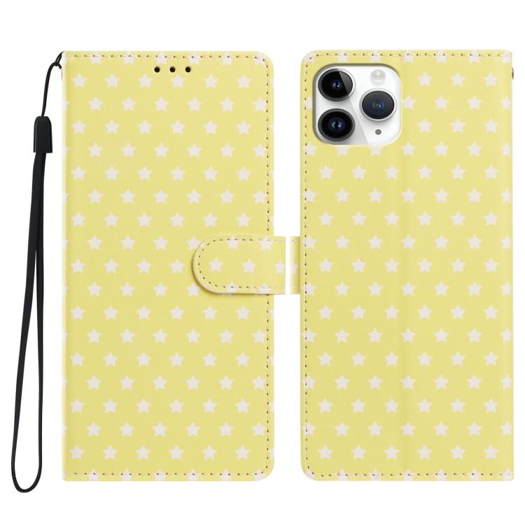 For iPhone 11 Pro Star Pattern Magnetic Buckle Vegan Leather Phone Case with Wrist Strap(Yellow)