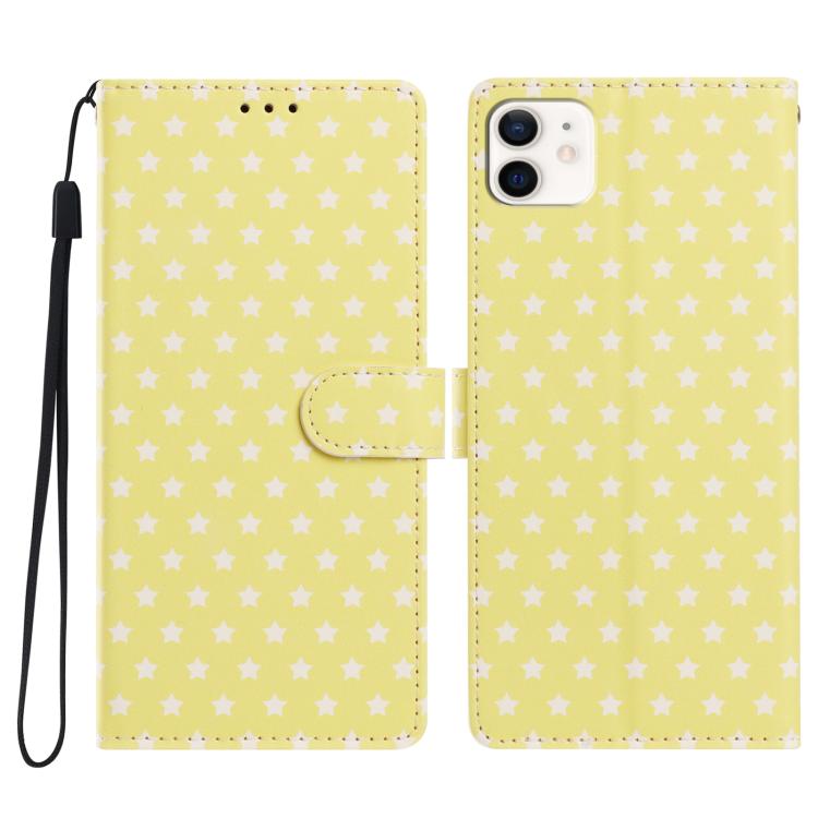 For iPhone 12 / 12 Pro Star Pattern Magnetic Buckle Vegan Leather Phone Case with Wrist Strap(Yellow)