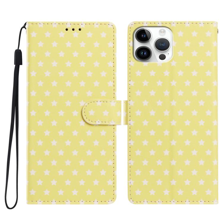 For iPhone 14 Pro Star Pattern Magnetic Buckle Vegan Leather Phone Case with Wrist Strap(Yellow)