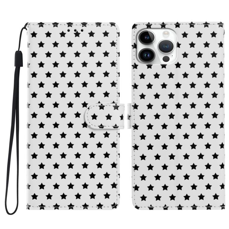 For iPhone 14 Pro Star Pattern Magnetic Buckle Vegan Leather Phone Case with Wrist Strap(White)