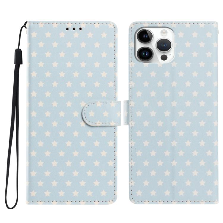 For iPhone 14 Pro Max Star Pattern Magnetic Buckle Vegan Leather Phone Case with Wrist Strap(Blue)