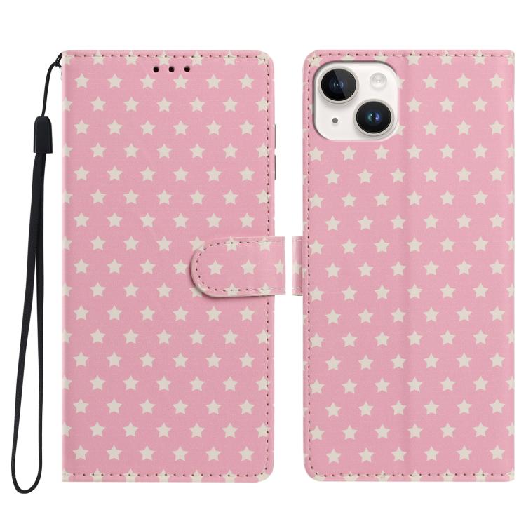 For iPhone 15 Star Pattern Magnetic Buckle Vegan Leather Phone Case with Wrist Strap(Pink)