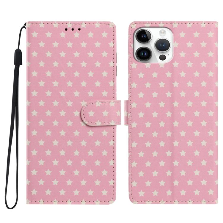 For iPhone 15 Pro Star Pattern Magnetic Buckle Vegan Leather Phone Case with Wrist Strap(Pink)