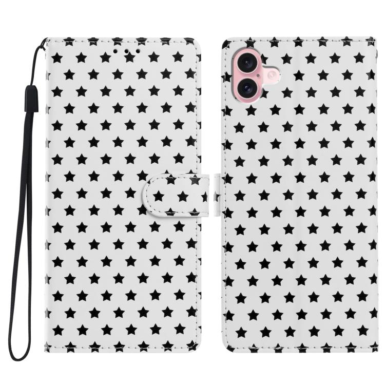 For iPhone 16 Star Pattern Magnetic Buckle Vegan Leather Phone Case with Wrist Strap(White)