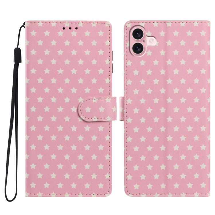 For iPhone 16 Plus Star Pattern Magnetic Buckle Vegan Leather Phone Case with Wrist Strap(Pink)