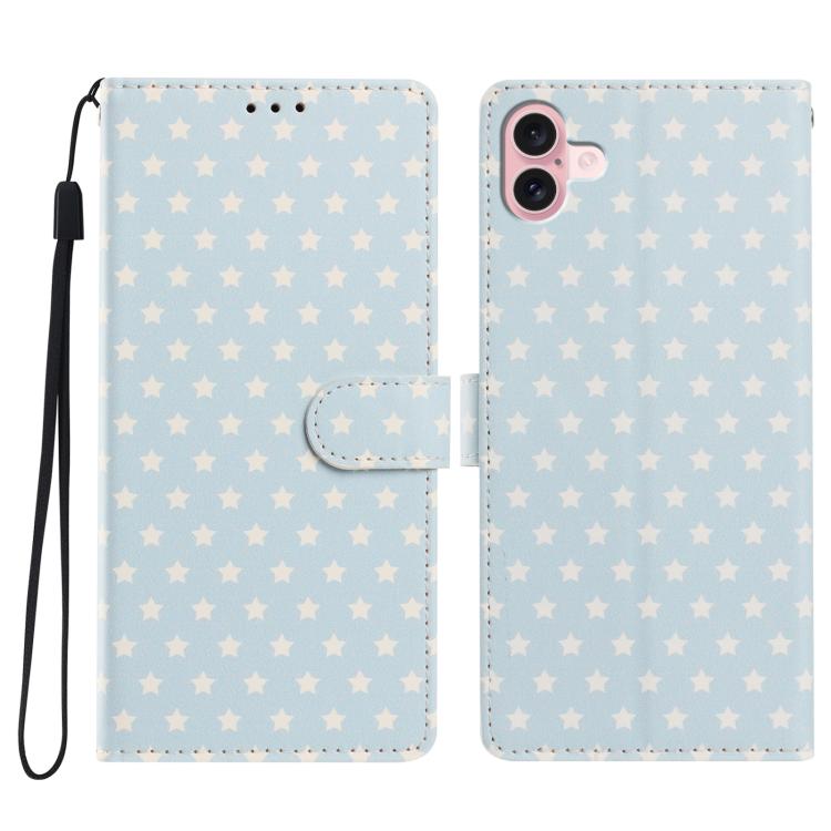 For iPhone 16 Plus Star Pattern Magnetic Buckle Vegan Leather Phone Case with Wrist Strap(Blue)