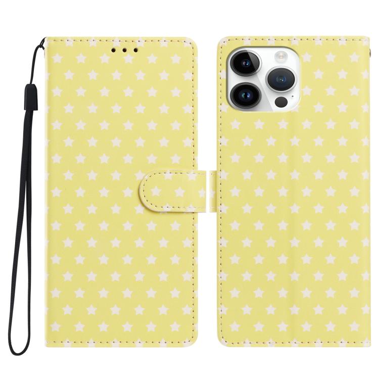 For iPhone 16 Pro Star Pattern Magnetic Buckle Vegan Leather Phone Case with Wrist Strap(Yellow)