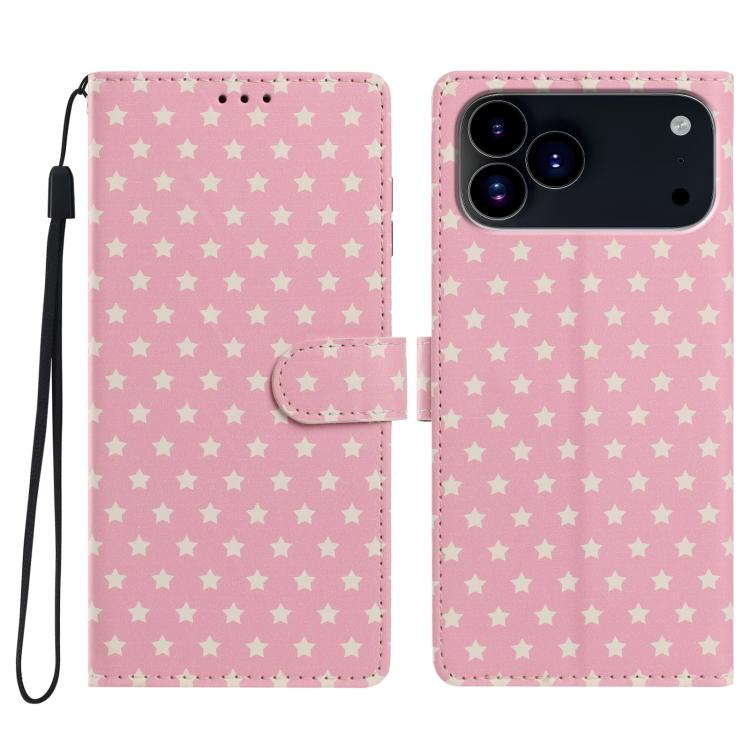 For iPhone 17 Pro Max Star Pattern Magnetic Buckle Vegan Leather Phone Case with Wrist Strap(Pink)
