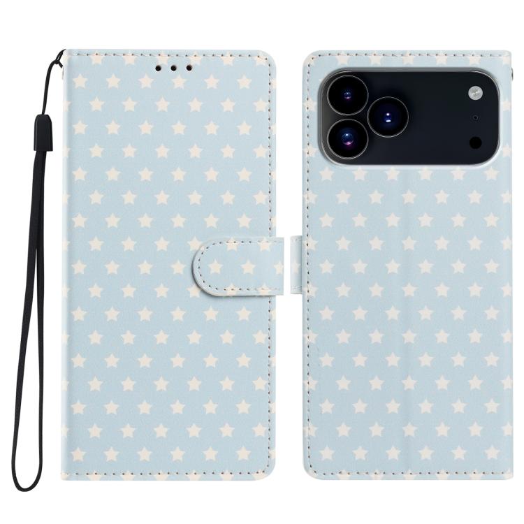 For iPhone 17 Pro Max Star Pattern Magnetic Buckle Vegan Leather Phone Case with Wrist Strap(Blue)
