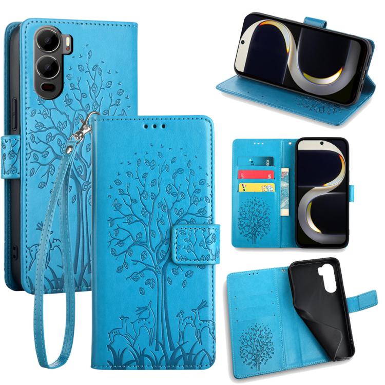 

For itel City 200 4G Tree & Deer Embossed Leather Phone Case(Blue)
