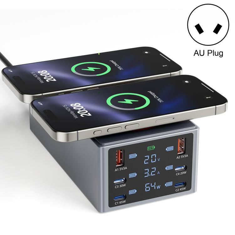 220W Multi-Port Smart Desktop Charging Station with 15W Dual Wireless Charging Function, Plug:AU Plug