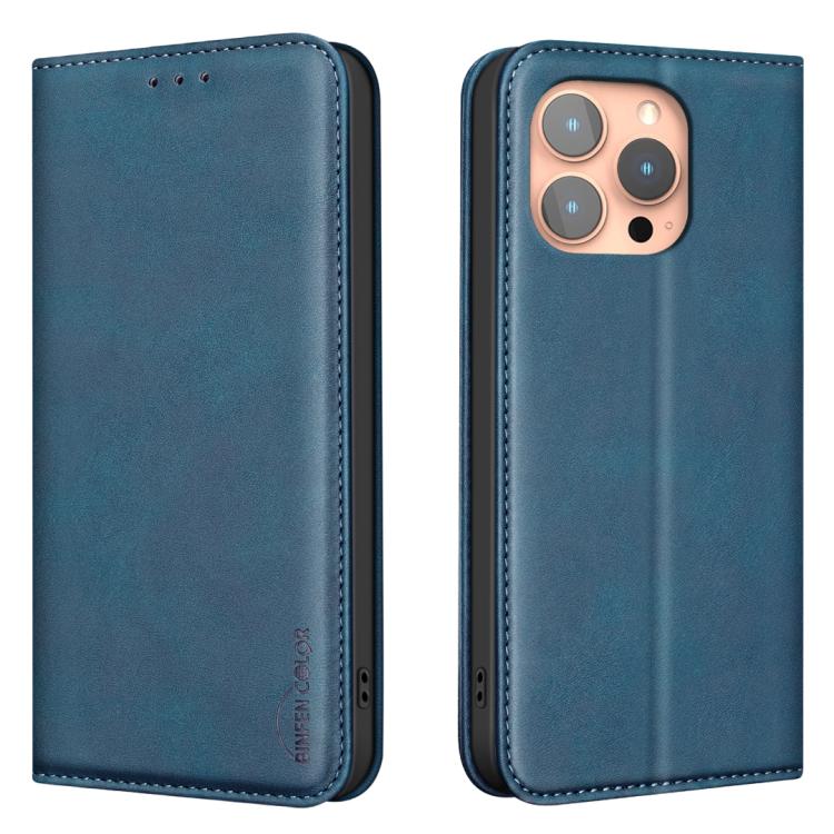 For iPhone 16 Pro BINFEN COLOR Calfskin Texture Magnetic RFID Vegan Leather Phone Case(Blue) — купить у Sunsky-online WW
