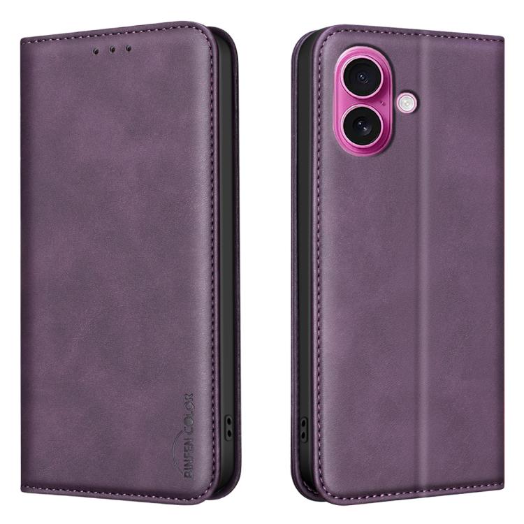 For iPhone 16 BINFEN COLOR Calfskin Texture Magnetic RFID Vegan Leather Phone Case(Purple) — купить у Sunsky-online WW