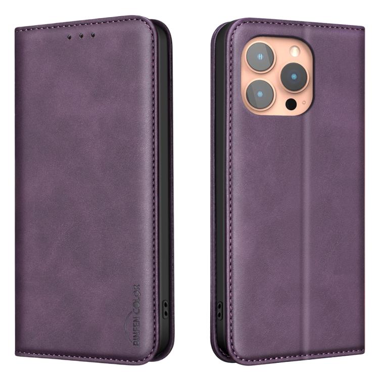 For iPhone 15 Pro BINFEN COLOR Calfskin Texture Magnetic RFID Vegan Leather Phone Case(Purple) — купить у Sunsky-online WW