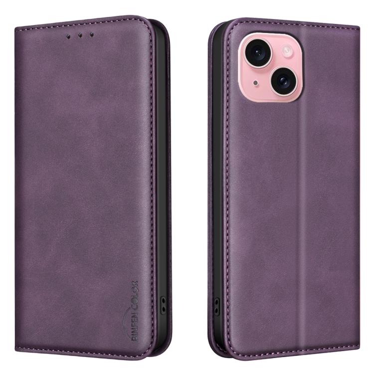For iPhone 15 BINFEN COLOR Calfskin Texture Magnetic RFID Vegan Leather Phone Case(Purple) — купить у Sunsky-online WW