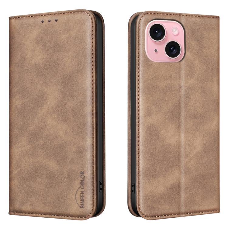 

For iPhone 15 BINFEN COLOR Calfskin Texture Magnetic RFID Vegan Leather Phone Case(Brown)