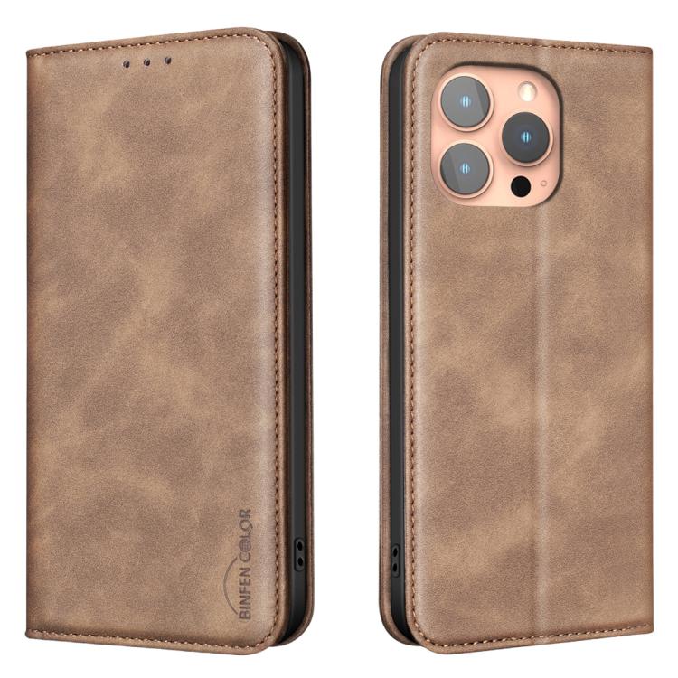 For iPhone 13 Pro BINFEN COLOR Calfskin Texture Magnetic RFID Vegan Leather Phone Case(Brown) — купить у Sunsky-online WW