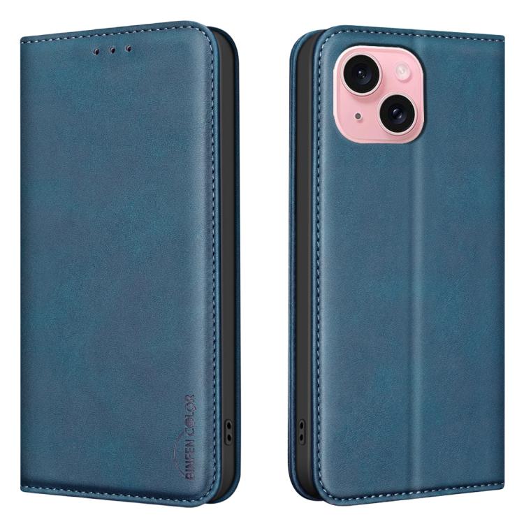 For iPhone 13 / 14 BINFEN COLOR Calfskin Texture Magnetic RFID Vegan Leather Phone Case(Blue) — купить у Sunsky-online WW