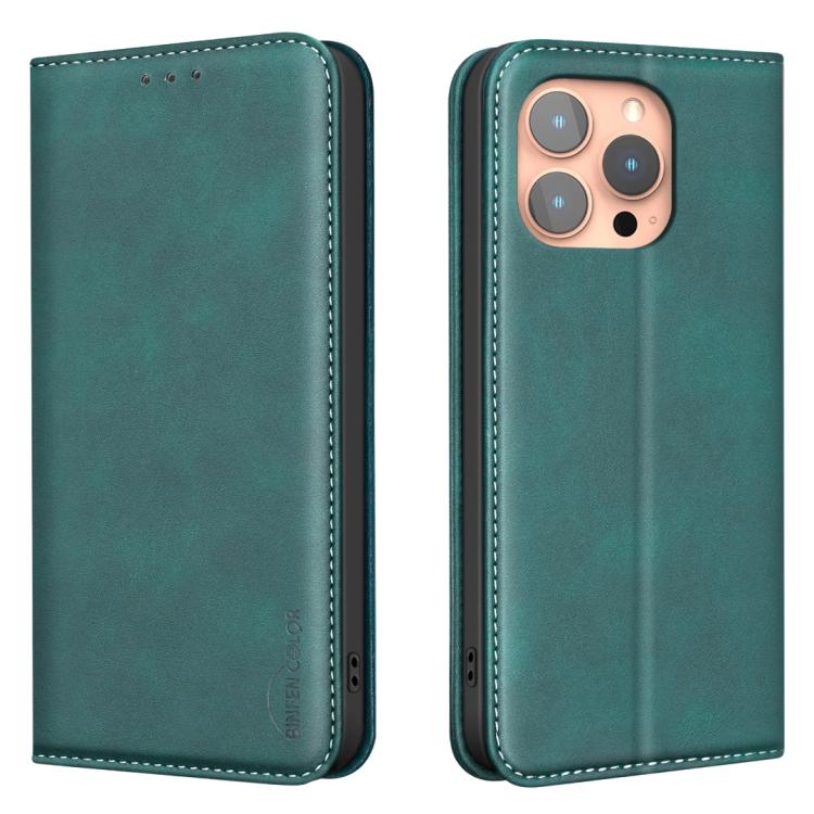 For iPhone 12 Pro Max BINFEN COLOR Calfskin Texture Magnetic RFID Vegan Leather Phone Case(Green)