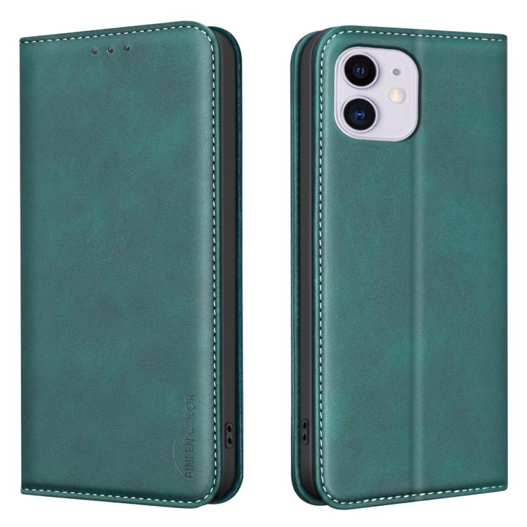 

For iPhone 12 / 12 Pro BINFEN COLOR Calfskin Texture Magnetic RFID Vegan Leather Phone Case(Green)