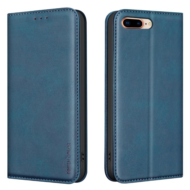 For iPhone 8 Plus/6 Plus/7 Plus BINFEN COLOR Calfskin Texture Magnetic RFID Vegan Leather Phone Case(Blue)