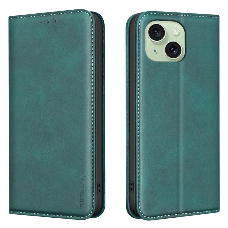 For iPhone 14 Plus / 15 Plus BINFEN COLOR Calfskin Texture Magnetic RFID Vegan Leather Phone Case(Green) — купить у Sunsky-online WW