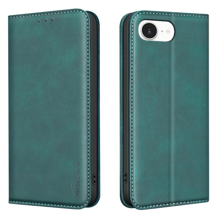 For iPhone 17e / 16e BINFEN COLOR Calfskin Texture Magnetic RFID Vegan Leather Phone Case(Green)