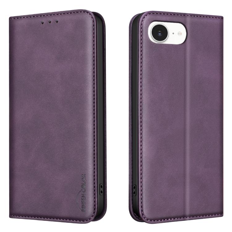 For iPhone 17e / 16e BINFEN COLOR Calfskin Texture Magnetic RFID Vegan Leather Phone Case(Purple)