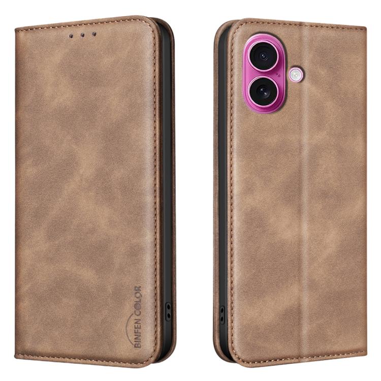 For iPhone 16 Plus BINFEN COLOR Calfskin Texture Magnetic RFID Vegan Leather Phone Case(Brown) — купить у Sunsky-online WW