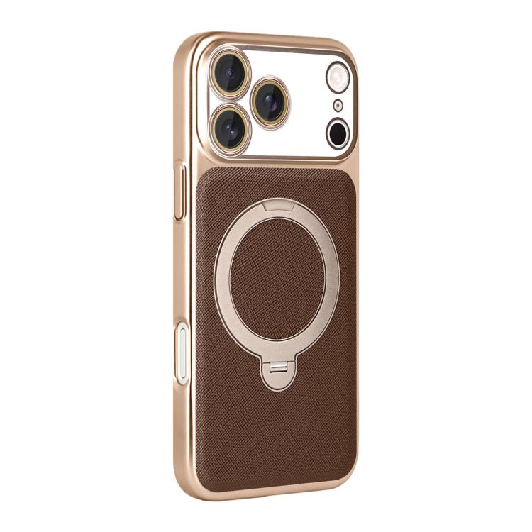 For iPhone 17 Pro Max Gold Shield Magnetic Holder Lens Film Phone Case(Brown)