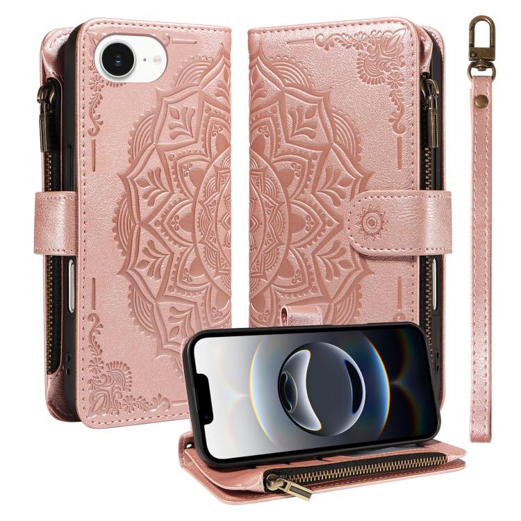 

For iPhone 17e / 16e Mandala Embossed 9-Card Zipper RFID Vegan Leather Phone Case with Short Lanyard(Rose Gold)