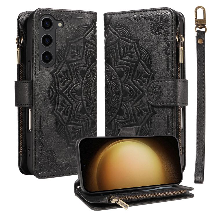 

For Galaxy S23+ 5G Mandala Embossed 9-Card Zipper RFID Vegan Leather Phone Case with Short Lanyard(Black)