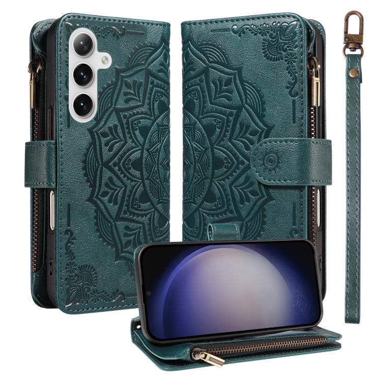 

For Galaxy S25 5G / S24 5G Mandala Embossed 9-Card Zipper RFID Vegan Leather Phone Case with Short Lanyard(Green)