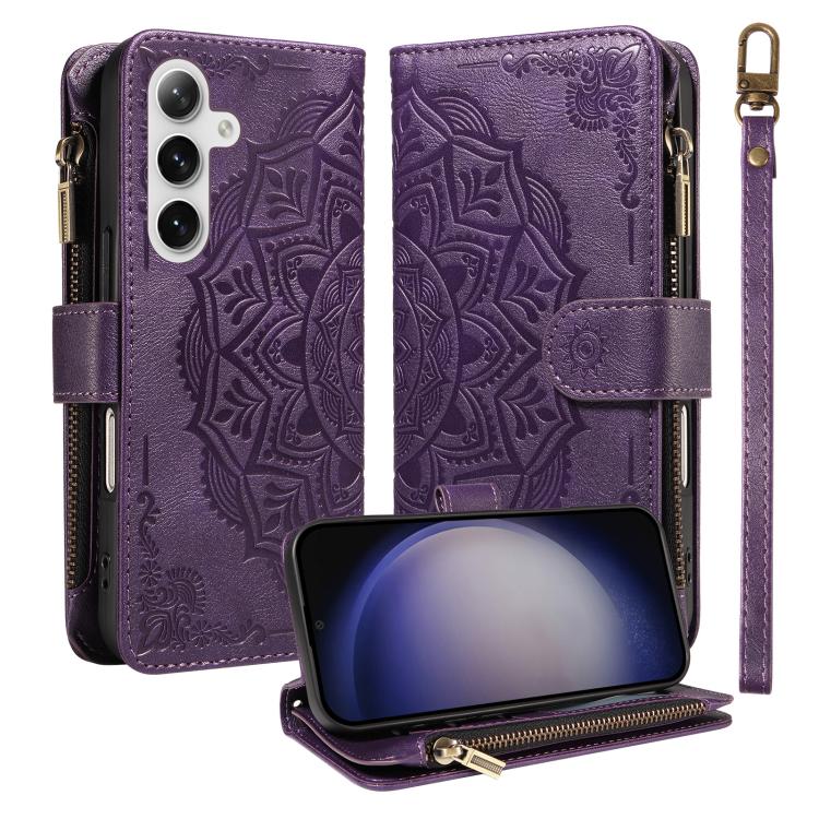 For Galaxy S25 5G / S24 5G Mandala Embossed 9-Card Zipper RFID Vegan Leather Phone Case with Short Lanyard(Purple)