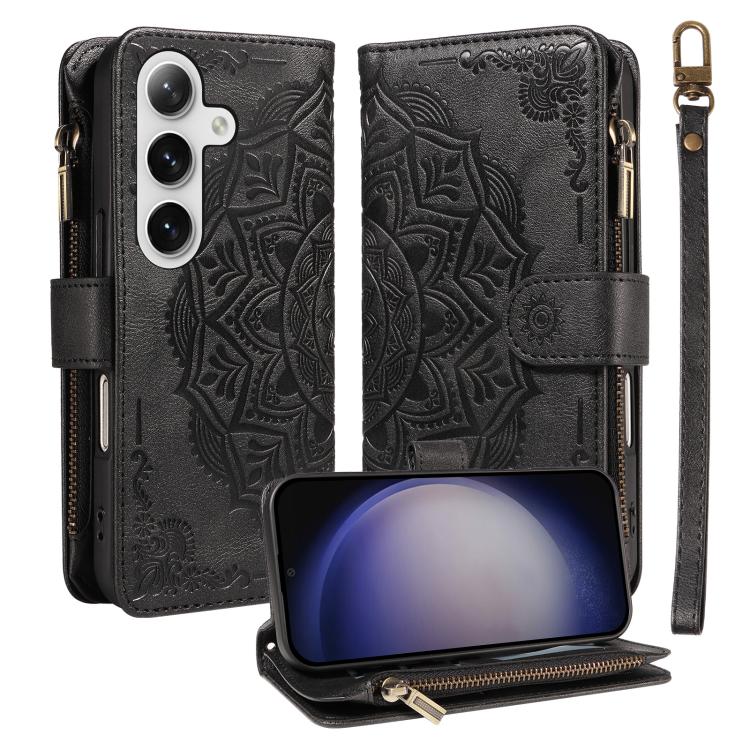 

For Galaxy S25+ 5G / S24+ 5G Mandala Embossed 9-Card Zipper RFID Vegan Leather Phone Case with Short Lanyard(Black)