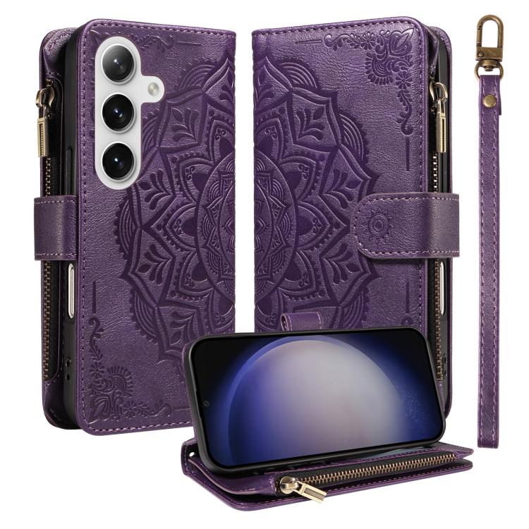 For Galaxy S25+ 5G / S24+ 5G Mandala Embossed 9-Card Zipper RFID Vegan Leather Phone Case with Short Lanyard(Purple)