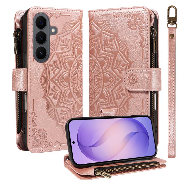 

For Samsung Galaxy S26+ 5G Mandala Embossed 9-Card Zipper RFID Vegan Leather Phone Case with Short Lanyard(Rose Gold)
