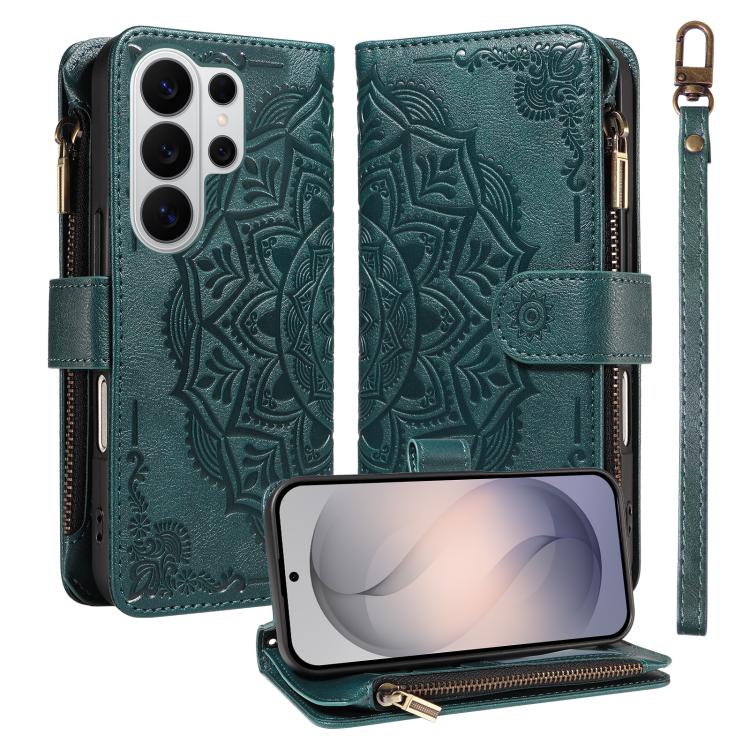 For Galaxy S26 Ultra 5G Mandala Embossed 9-Card Zipper RFID Vegan Leather Phone Case with Short Lanyard(Green)