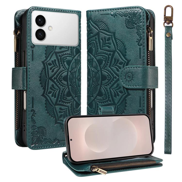 

For Galaxy S26 Edge 5G Mandala Embossed 9-Card Zipper RFID Vegan Leather Phone Case with Short Lanyard(Green)