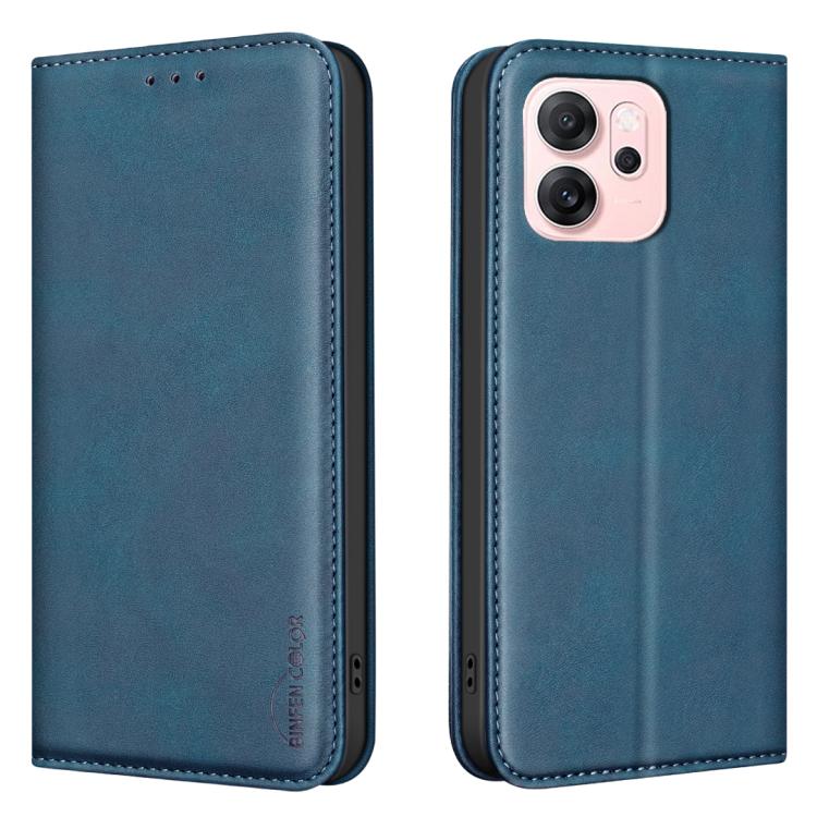 For OPPO Reno14 F 5G Global BINFEN COLOR Calfskin Texture Magnetic RFID Vegan Leather Phone Case(Blue)