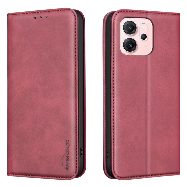 For OPPO Reno14 F 5G Global BINFEN COLOR Calfskin Texture Magnetic RFID Vegan Leather Phone Case(Red)