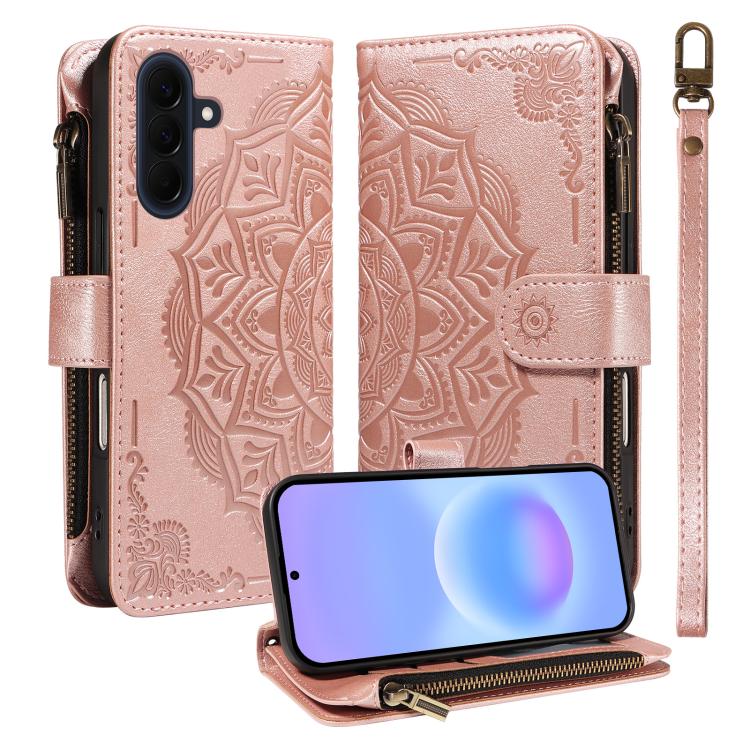 For Samsung Galaxy A57 5G Mandala Embossed 9-Card Zipper RFID Vegan Leather Phone Case with Short Lanyard(Rose Gold)
